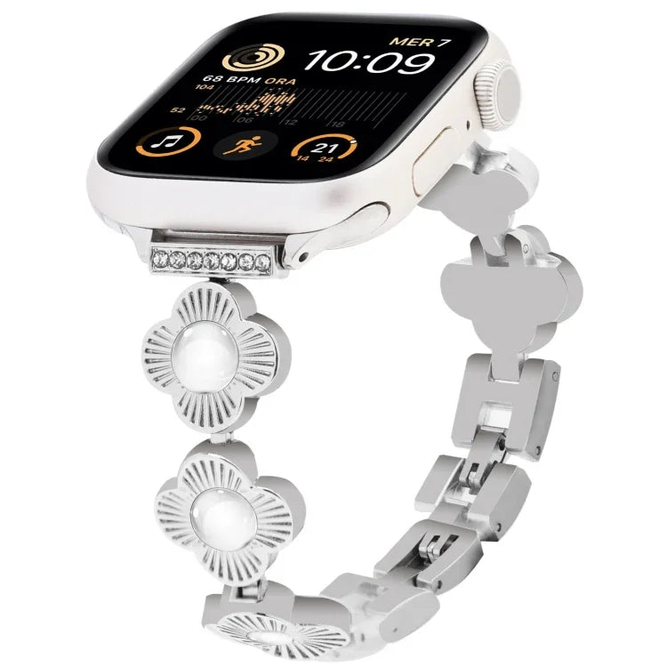 Four Leaf Clover Quick-Release Metal Chain Watch Band, For Apple Watch SE 2023 44mm, For Apple Watch SE 2023 40mm, For Apple Watch Ultra 2 49mm, For Apple Watch Series 9 45mm, For Apple Watch Series 9 41mm, For Apple Watch Ultra 49mm                   ...