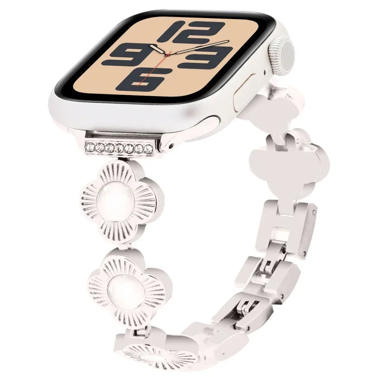 Four Leaf Clover Quick-Release Metal Chain Watch Band, For Apple Watch SE 2023 44mm, For Apple Watch SE 2023 40mm, For Apple Watch Ultra 2 49mm, For Apple Watch Series 9 45mm, For Apple Watch Series 9 41mm, For Apple Watch Ultra 49mm                   ...