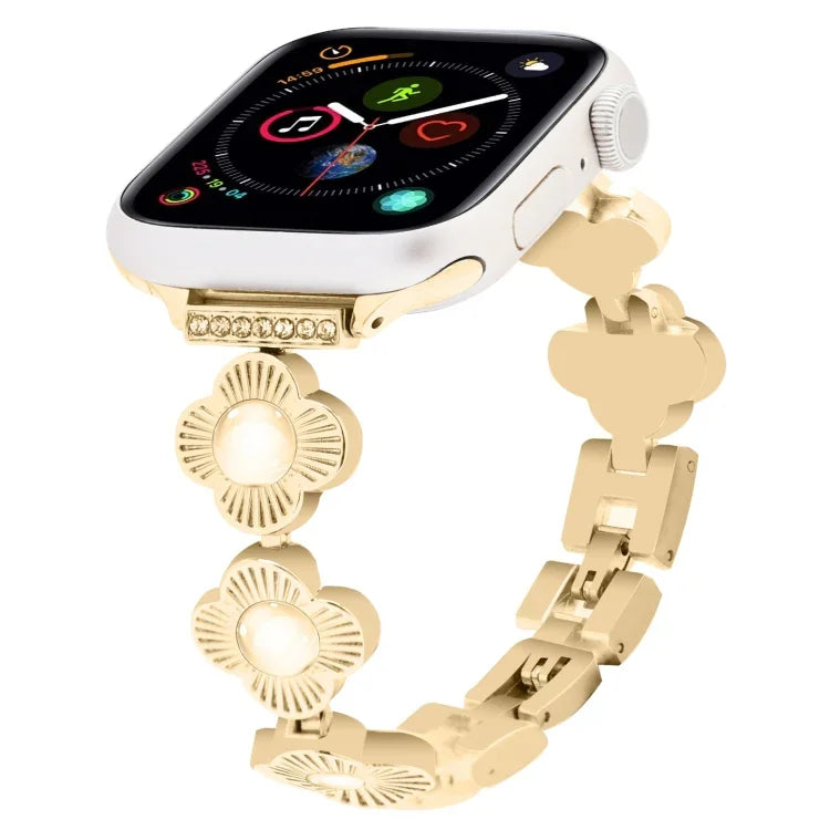 Four Leaf Clover Quick-Release Metal Chain Watch Band, For Apple Watch SE 2022 44mm, For Apple Watch Series 7 41mm, For Apple Watch Series 7 45mm, For Apple Watch Series 6 40mm, For Apple Watch Series 6 44mm, For Apple Watch Series 5 44mm              ...