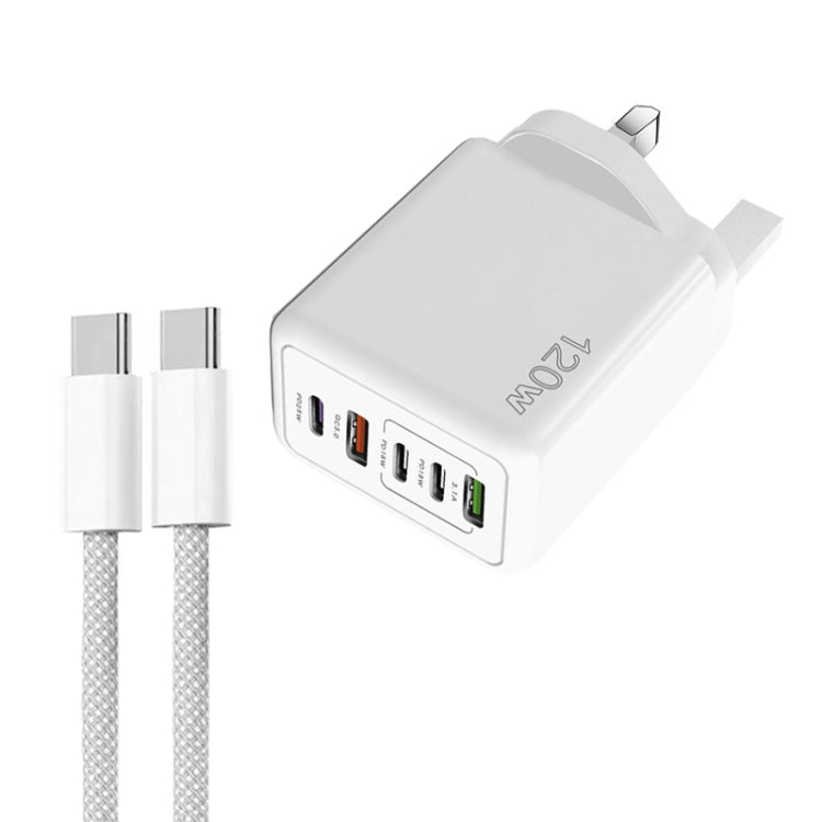 120W PD3.0 3 Type-C 2 USB Multi Port Quick Charger with Type-C to Type-C Cable, UK Plug, UK Plug + C to C Cable