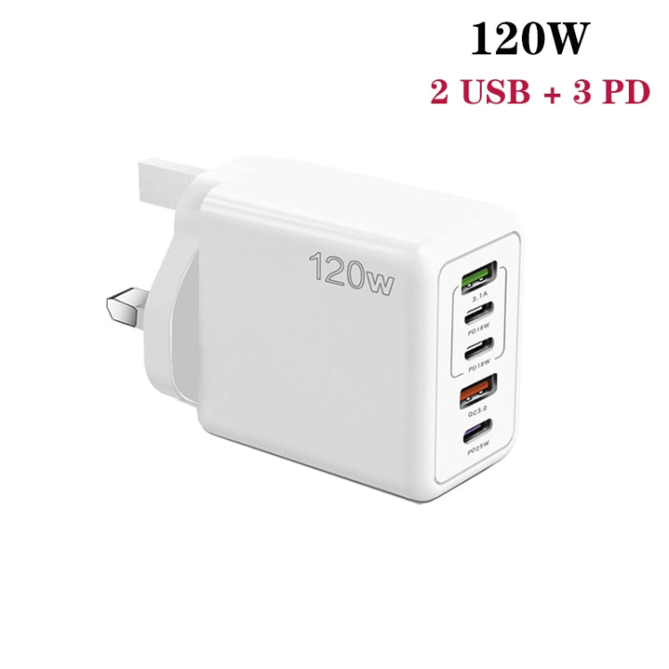 120W PD3.0 3 Type-C 2 USB Multi Port Quick Charger with Type-C to Type-C Cable, UK Plug, UK Plug + C to C Cable