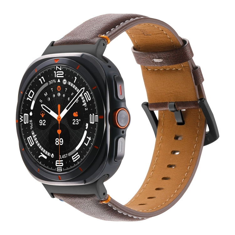 For Samsung Galaxy Watch Ultra 47mm Stitched Black Buckle Genuine Leather Watch Band