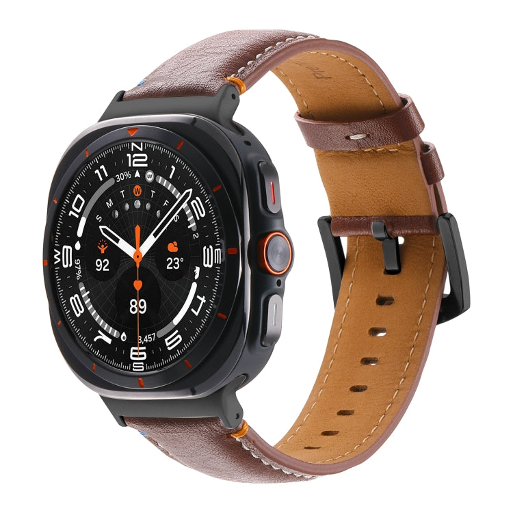 For Samsung Galaxy Watch Ultra 47mm Stitched Black Buckle Genuine Leather Watch Band