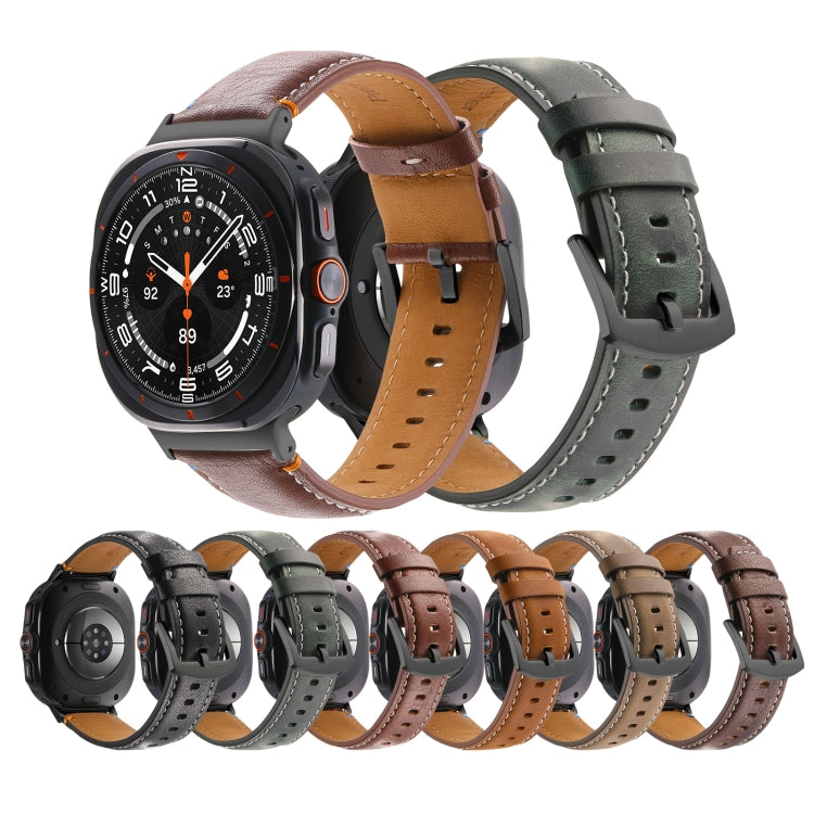 For Samsung Galaxy Watch Ultra 47mm Stitched Black Buckle Genuine Leather Watch Band