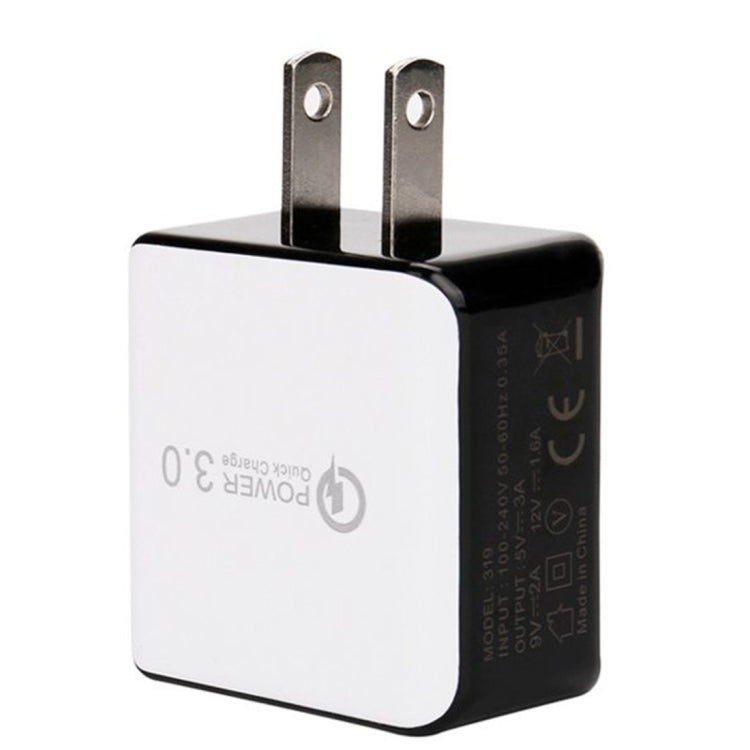شاحن سريع QC 3.0 بسحب سلك بمنفذ USB واحد، قابس الولايات المتحدة، أسود، أبيض