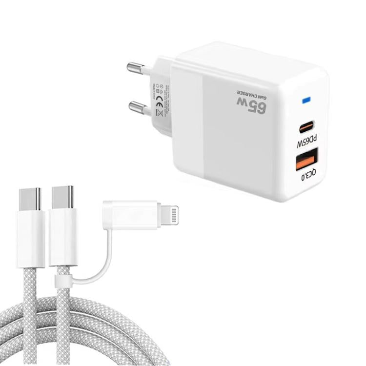 شاحن PD41 GaN PD 45 واط + USB مع كابل بيانات USB-C إلى USB-C / 8 Pin للآيفون، قابس الاتحاد الأوروبي، قابس الاتحاد الأوروبي