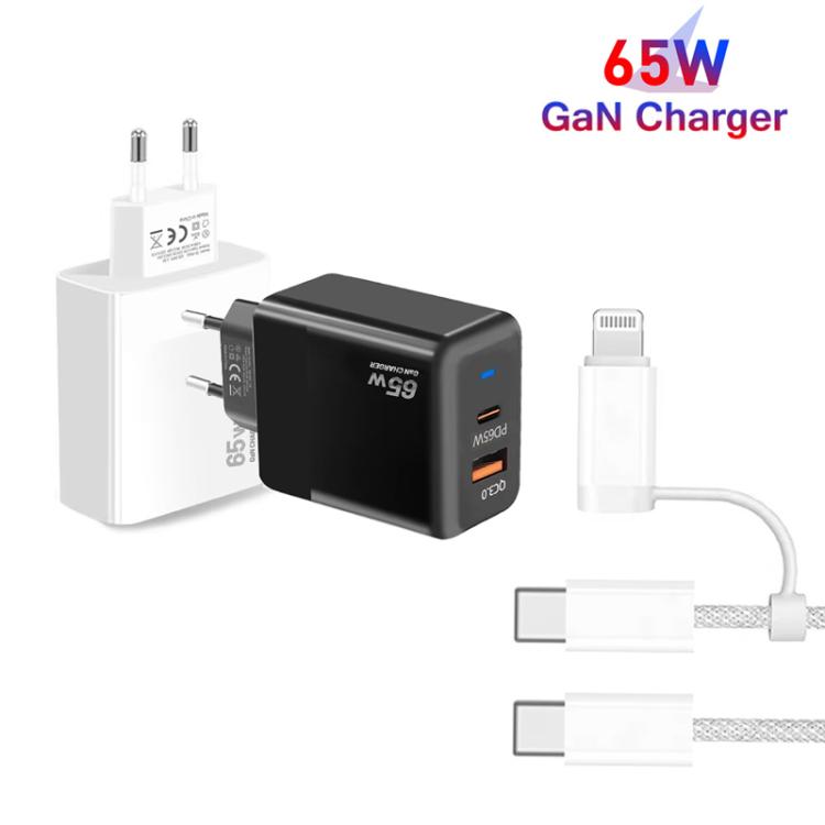 شاحن PD41 GaN PD 45 واط + USB مع كابل بيانات USB-C إلى USB-C / 8 Pin للآيفون، قابس الاتحاد الأوروبي، قابس الاتحاد الأوروبي