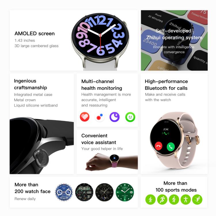 Sense 6 1.43 AMOLED Screen IP68 Waterproof Bluetooth Call Smartwatch Supports Health Monitoring