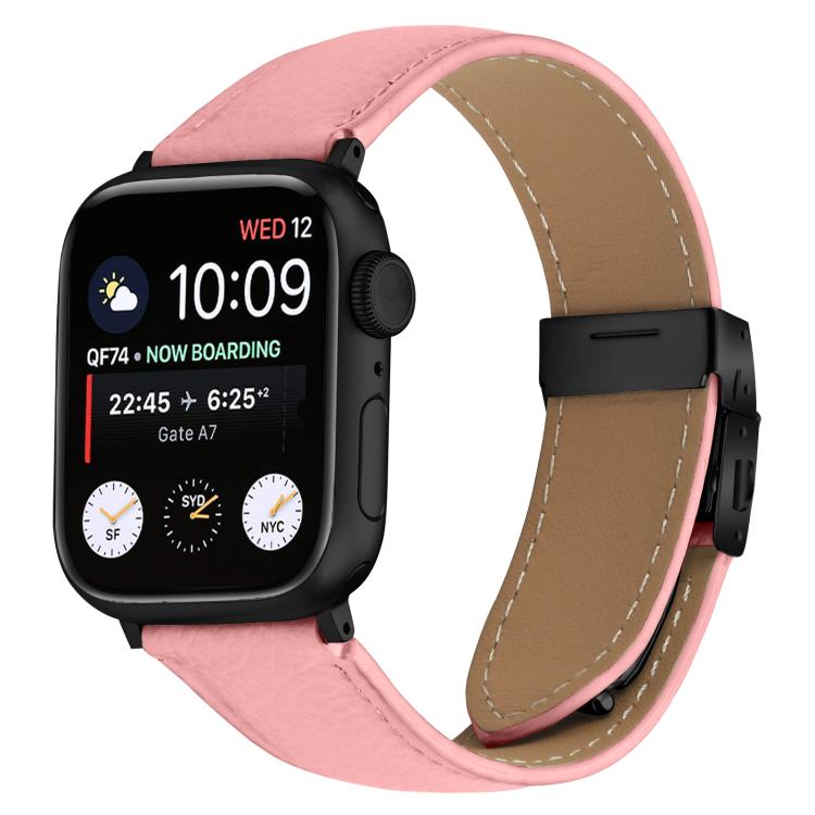 Lychee Texture Black Turtle Back Buckle Leather Watch Band, For Apple Watch 46mm / 49mm / 45mm / 44mm, For Apple Watch 42mm / 41mm / 40mm / 38mm
