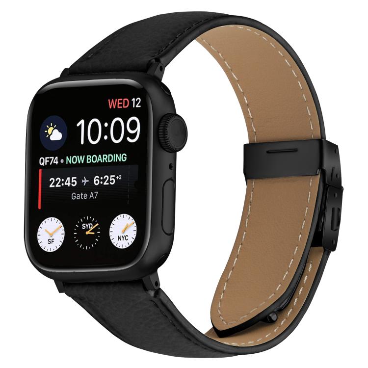 Lychee Texture Black Turtle Back Buckle Leather Watch Band, For Apple Watch 46mm / 49mm / 45mm / 44mm, For Apple Watch 42mm / 41mm / 40mm / 38mm