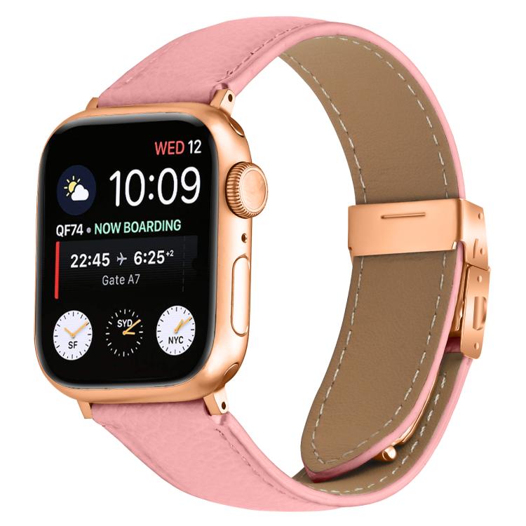 Lychee Texture Rose Gold Turtle Back Buckle Leather Watch Band, For Apple Watch 46mm / 49mm / 45mm / 44mm, For Apple Watch 42mm / 41mm / 40mm / 38mm