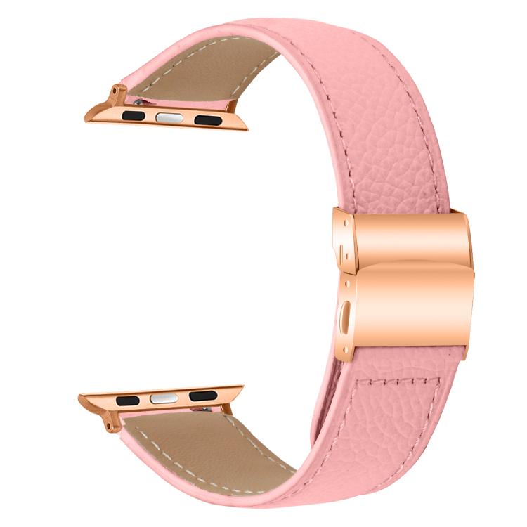 Armband aus Leder mit Litschi-Textur in Roségold mit Schildkrötenverschluss, passend für Apple Watch 46 mm / 49 mm / 45 mm / 44 mm und 42 mm / 41 mm / 40 mm / 38 mm