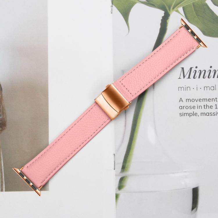 Armband aus Leder mit Litschi-Textur in Roségold mit Schildkrötenverschluss, passend für Apple Watch 46 mm / 49 mm / 45 mm / 44 mm und 42 mm / 41 mm / 40 mm / 38 mm