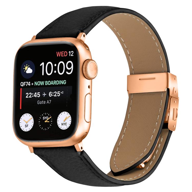 Armband aus Leder mit Litschi-Textur in Roségold mit Schildkrötenverschluss, passend für Apple Watch 46 mm / 49 mm / 45 mm / 44 mm und 42 mm / 41 mm / 40 mm / 38 mm