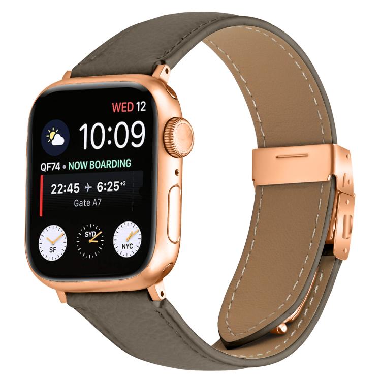 Armband aus Leder mit Litschi-Textur in Roségold mit Schildkrötenverschluss, passend für Apple Watch 46 mm / 49 mm / 45 mm / 44 mm und 42 mm / 41 mm / 40 mm / 38 mm