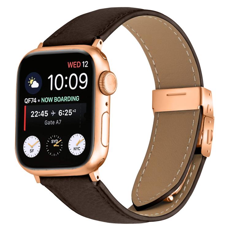 Armband aus Leder mit Litschi-Textur in Roségold mit Schildkrötenverschluss, passend für Apple Watch 46 mm / 49 mm / 45 mm / 44 mm und 42 mm / 41 mm / 40 mm / 38 mm