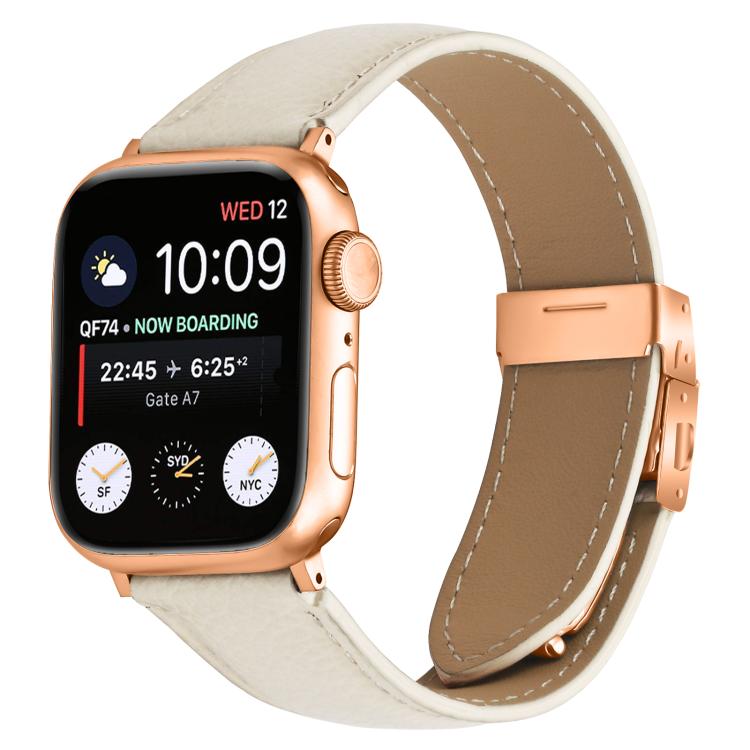 Armband aus Leder mit Litschi-Textur in Roségold mit Schildkrötenverschluss, passend für Apple Watch 46 mm / 49 mm / 45 mm / 44 mm und 42 mm / 41 mm / 40 mm / 38 mm