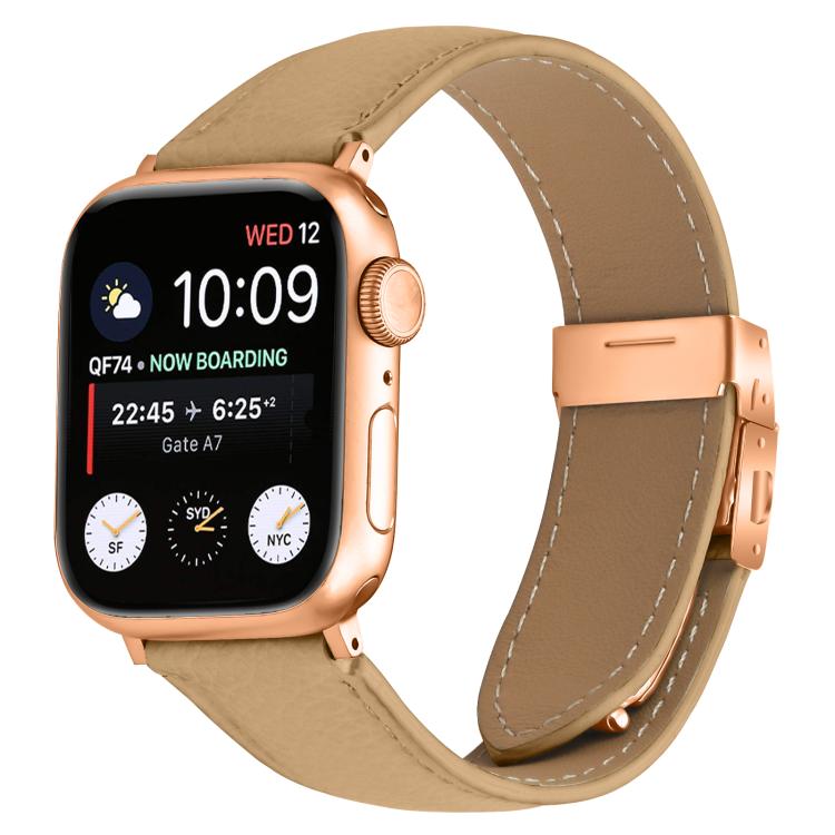 Armband aus Leder mit Litschi-Textur in Roségold mit Schildkrötenverschluss, passend für Apple Watch 46 mm / 49 mm / 45 mm / 44 mm und 42 mm / 41 mm / 40 mm / 38 mm