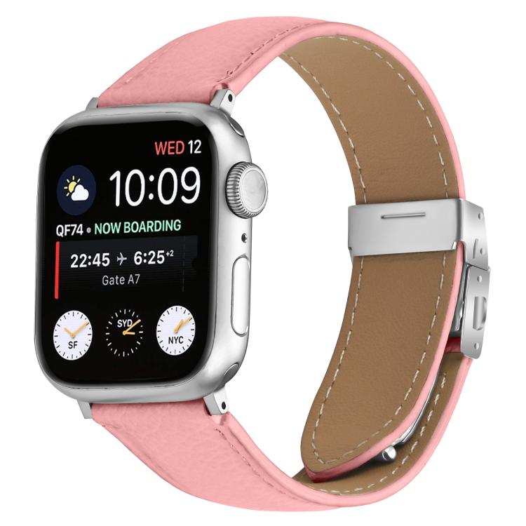 Armband aus Leder mit Litschi-Textur und silberner Dornschließe, passend für Apple Watch 46 mm / 49 mm / 45 mm / 44 mm und 42 mm / 41 mm / 40 mm / 38 mm