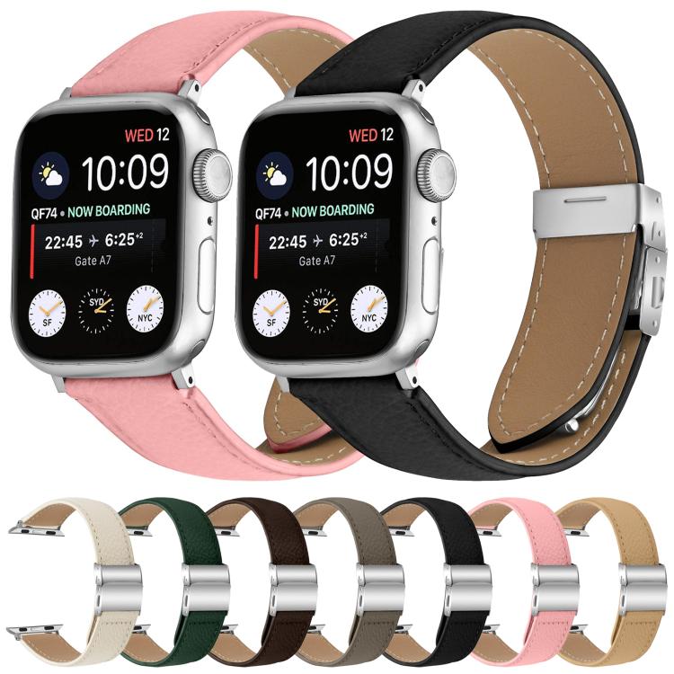 Lychee Texture Silver Turtle Back Buckle Leather Watch Band, For Apple Watch 46mm / 49mm / 45mm / 44mm, For Apple Watch 42mm / 41mm / 40mm / 38mm