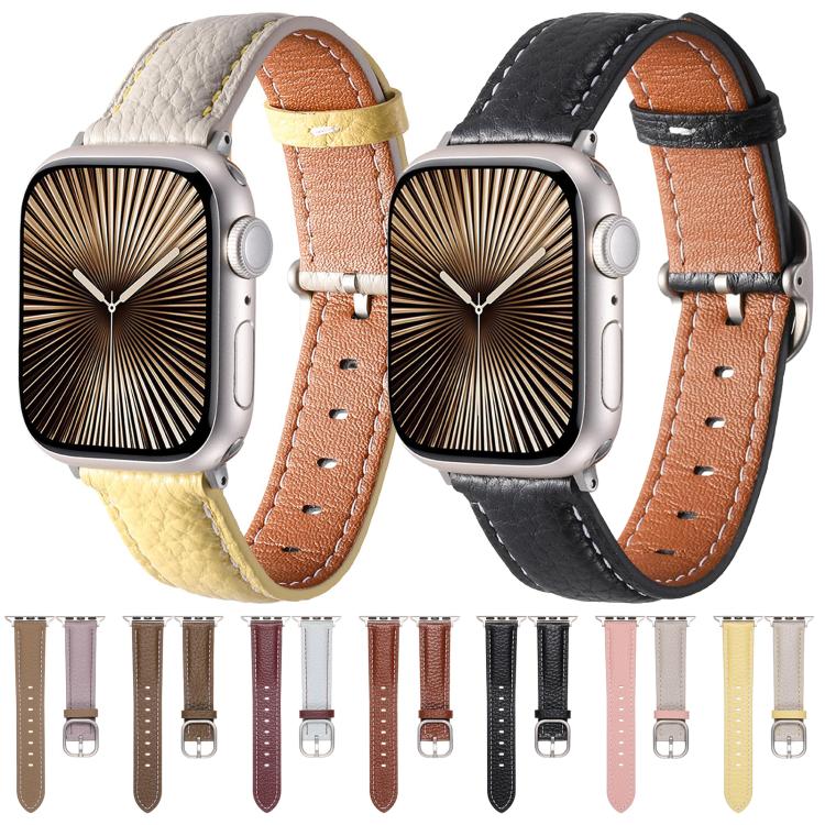 Square Buckle Litchi Texture Genuine Leather Watch Band, For Apple Watch 46mm / 49mm / 45mm / 44mm, For Apple Watch 42mm / 41mm / 40mm / 38mm