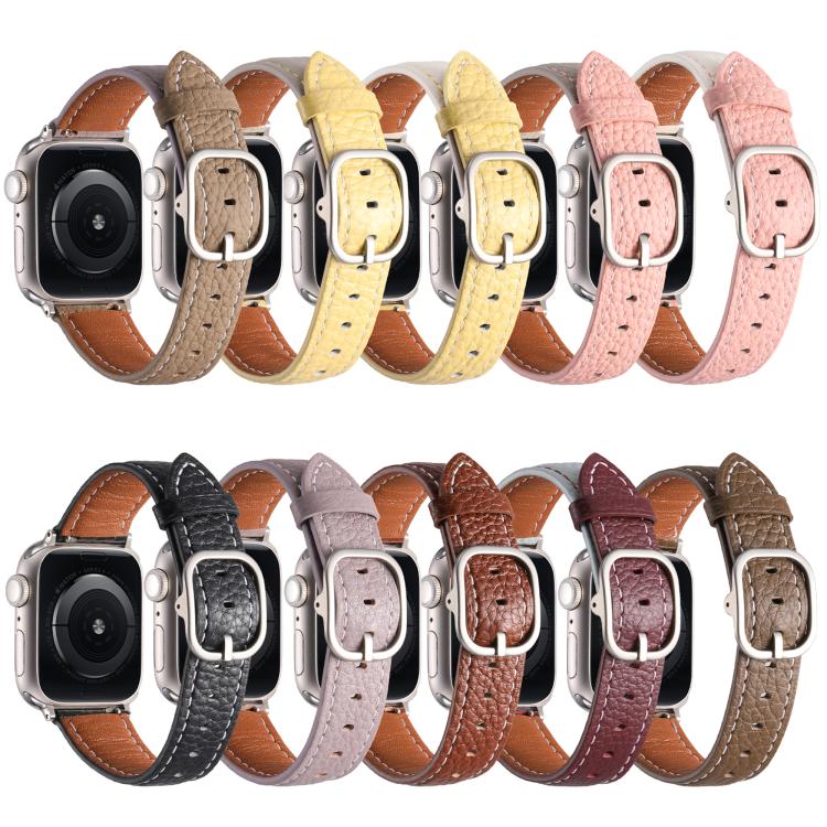 Square Buckle Litchi Texture Genuine Leather Watch Band, For Apple Watch 46mm / 49mm / 45mm / 44mm, For Apple Watch 42mm / 41mm / 40mm / 38mm