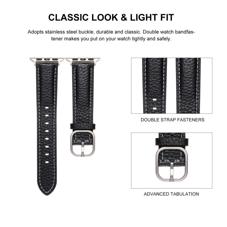 Square Buckle Litchi Texture Genuine Leather Watch Band, For Apple Watch 46mm / 49mm / 45mm / 44mm, For Apple Watch 42mm / 41mm / 40mm / 38mm