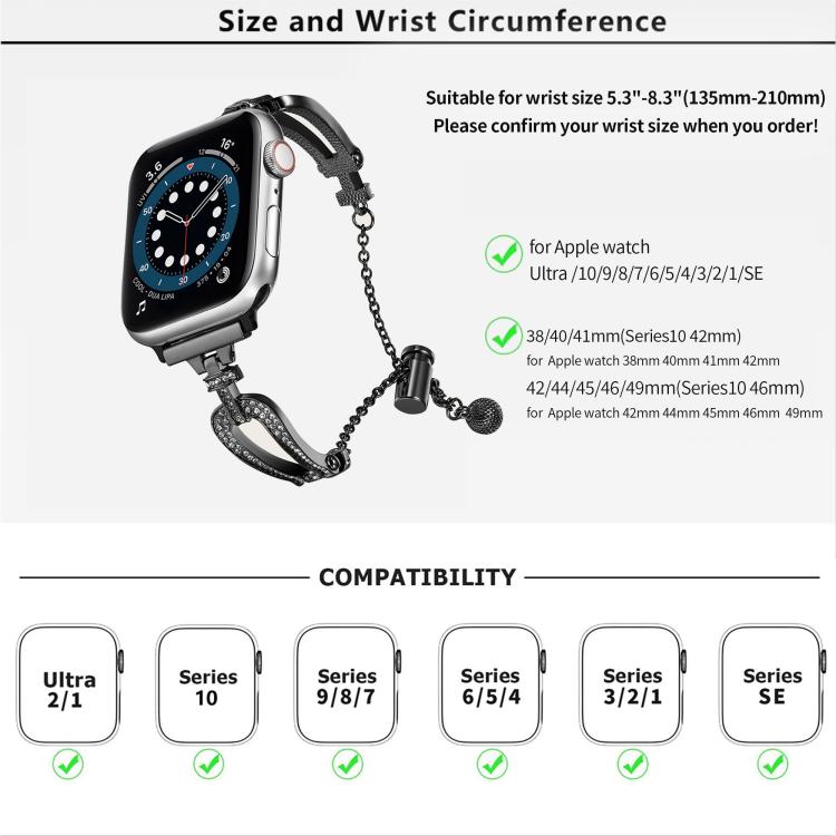 U-Shaped Diamond Bracelet Zinc Alloy Watch Band, For Apple Watch 46mm / 49mm / 45mm / 44mm, For Apple Watch 42mm / 41mm / 40mm / 38mm