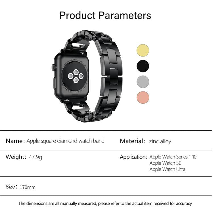 Square Diamond Zinc Alloy Watch Band, For Apple Watch 46mm / 49mm / 45mm / 44mm, For Apple Watch 42mm / 41mm / 40mm / 38mm