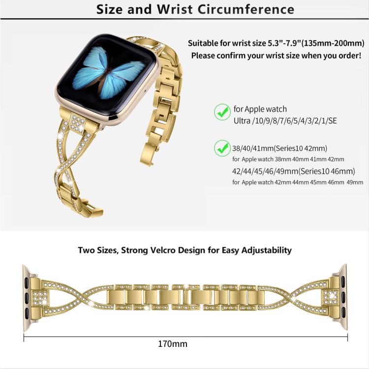 Crossed Diamond Zinc Alloy Watch Band, For Apple Watch 46mm / 49mm / 45mm / 44mm, For Apple Watch 42mm / 41mm / 40mm / 38mm