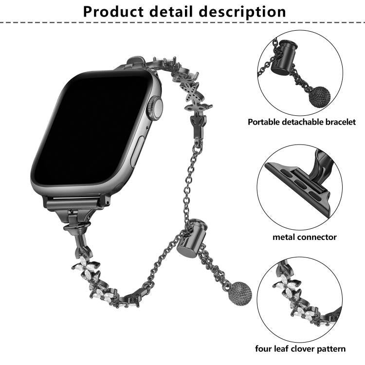 Four Leaf Clover Diamond Zinc Alloy Watch Band, For Apple Watch 46mm / 49mm / 45mm / 44mm, For Apple Watch 42mm / 41mm / 40mm / 38mm