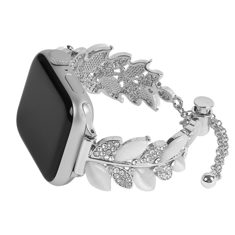 Leaf Shaped Diamond Studded Bracelet Alloy Watch Band, For Apple Watch 46mm / 49mm / 45mm / 44mm, For Apple Watch 42mm / 41mm / 40mm / 38mm