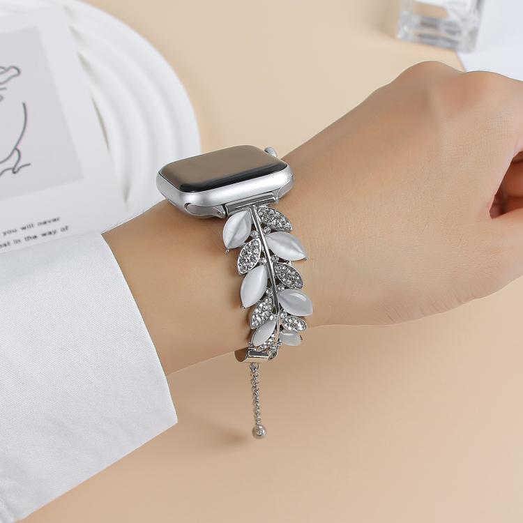 Leaf Shaped Diamond Studded Bracelet Alloy Watch Band, For Apple Watch 46mm / 49mm / 45mm / 44mm, For Apple Watch 42mm / 41mm / 40mm / 38mm