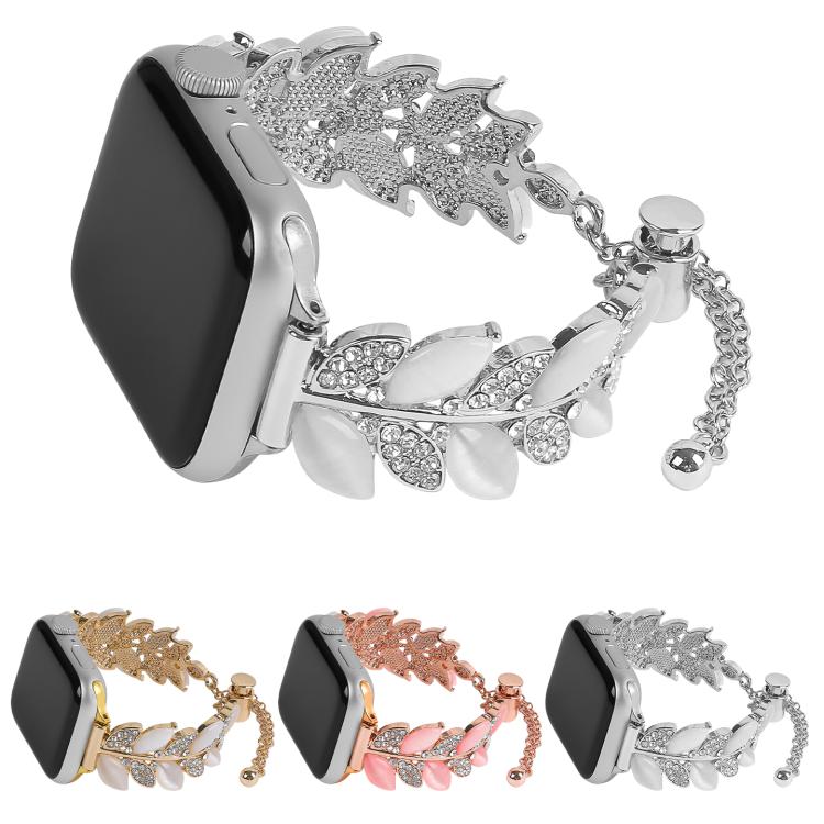 Leaf Shaped Diamond Studded Bracelet Alloy Watch Band, For Apple Watch 46mm / 49mm / 45mm / 44mm, For Apple Watch 42mm / 41mm / 40mm / 38mm