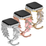 Leaf Shaped Diamond Studded Bracelet Alloy Watch Band, For Apple Watch 46mm / 49mm / 45mm / 44mm, For Apple Watch 42mm / 41mm / 40mm / 38mm