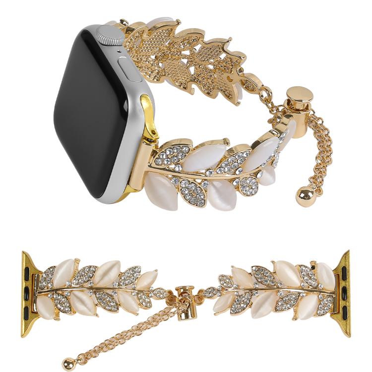 Leaf Shaped Diamond Studded Bracelet Alloy Watch Band, For Apple Watch 46mm / 49mm / 45mm / 44mm, For Apple Watch 42mm / 41mm / 40mm / 38mm