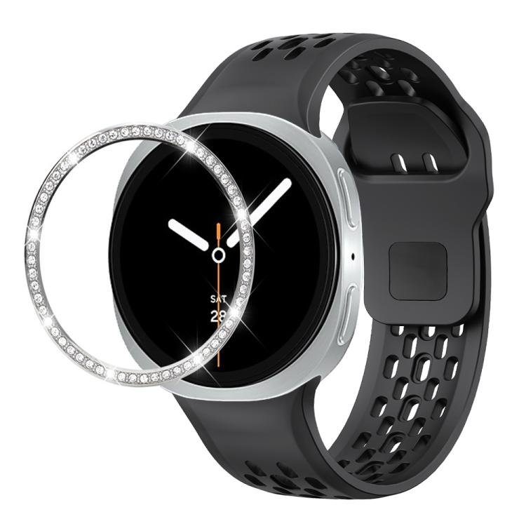 Diamond Bezel and Black Reverse Buckle Silicone Watch Band, For Samsung Galaxy Watch8 44mm, For Samsung Galaxy Watch8 40mm