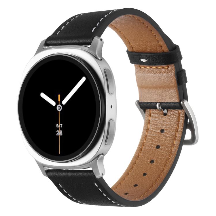 Stainless Steel Silver Buckle Genuine Leather Watch Band, For Samsung Galaxy Watch8 / Watch8 Classic