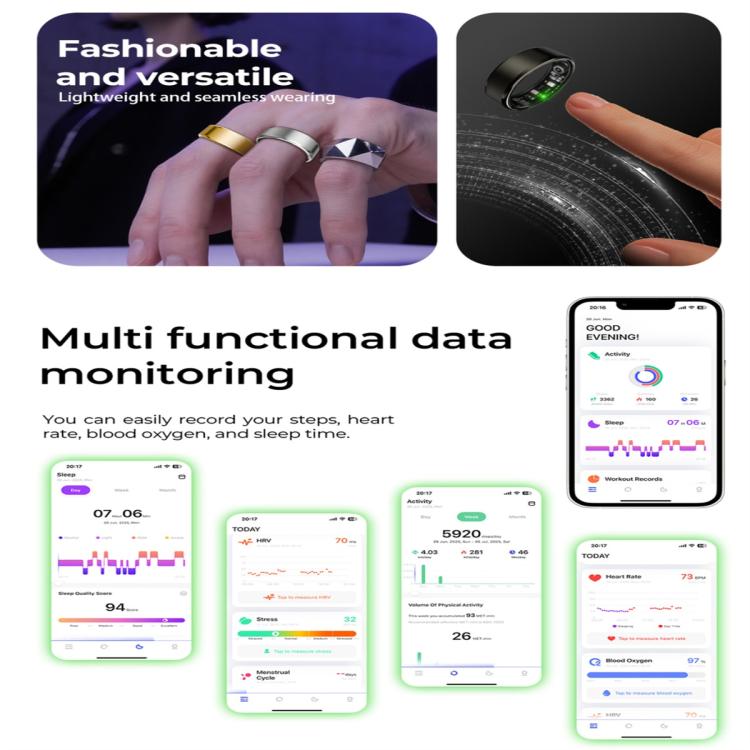 R100 SIZE 8 Smart Ring, Support Heart Rate / Blood Oxygen / Sleep Monitoring / Remote Photography