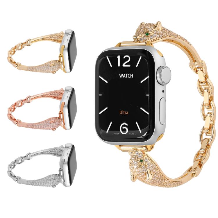 Copper Inlaid Zircon Leopard Head Watch Band, For Apple Watch 46mm / 49mm / 45mm / 44mm, For Apple Watch 42mm / 41mm / 40mm / 38mm