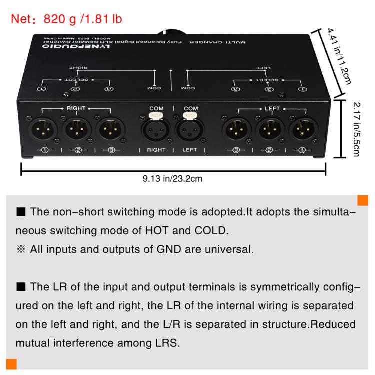 B073 1 Input 3 Output Fully Balanced Signal Selector 3-Channel Balanced Line Selector, No Need For External Power Supply Lossless Switching, B073