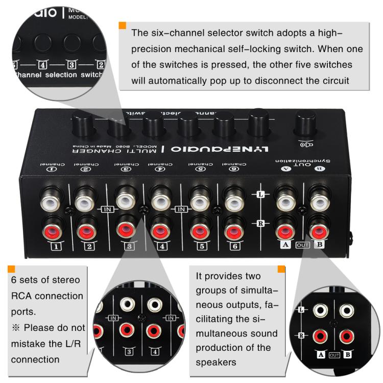 B080 6 Input 2 Output Audio Signal Selector Audio Switcher, 2-Channel Synchronous Output RCA Interface, B080