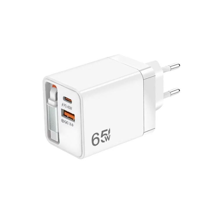 كابل قابل للسحب 3 في 1 بطول 70 سم Type-C، شاحن هاتف USB PD3.0، QC3.0، قابس الاتحاد الأوروبي