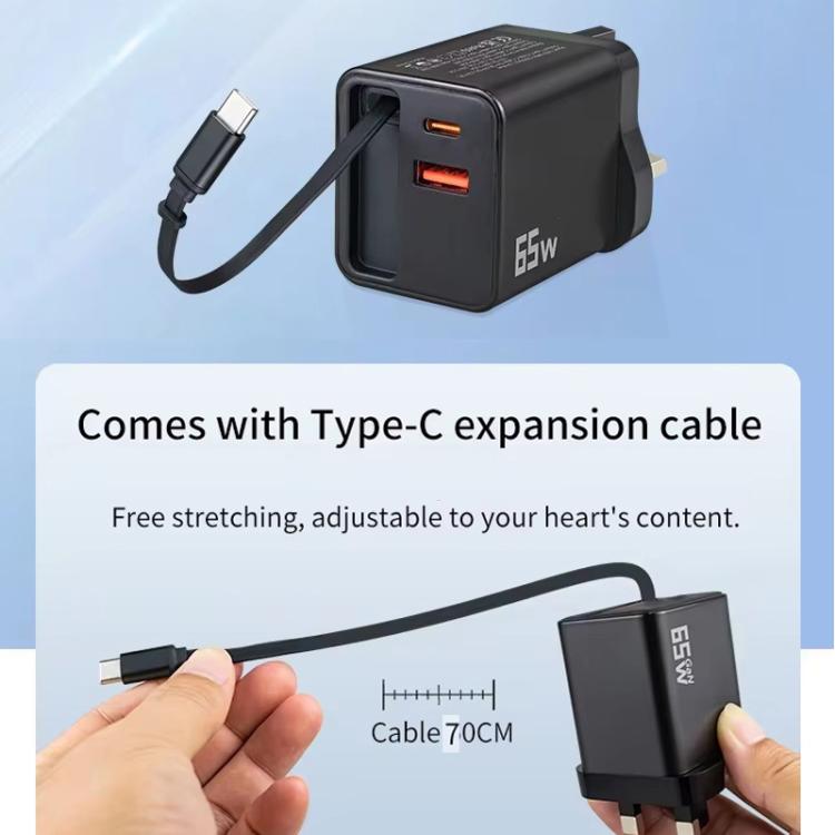 كابل قابل للسحب 3 في 1 بطول 70 سم Type-C، شاحن هاتف USB PD3.0، QC3.0، قابس الاتحاد الأوروبي