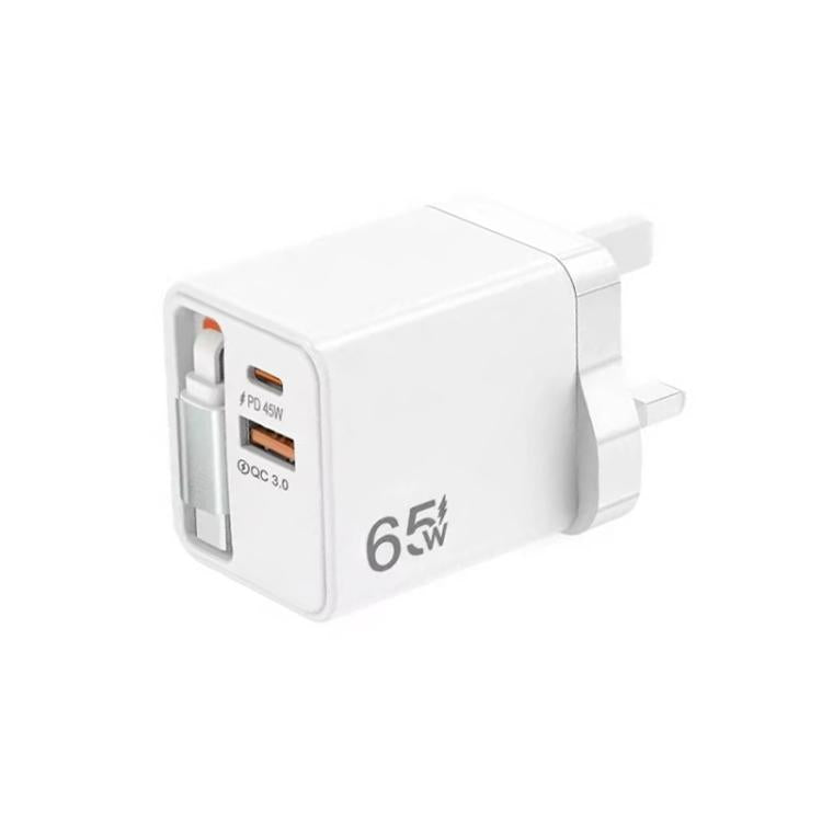 كابل قابل للسحب 3 في 1 بطول 70 سم Type-C، شاحن هاتف USB PD3.0، QC3.0، قابس المملكة المتحدة