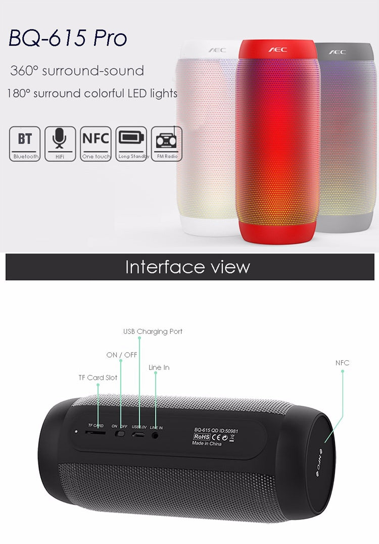 مكبر صوت ستيريو عالي الدقة لاسلكي ملون LED BQ615 PRO، يجمع بين بلوتوث + مشغل بطاقة TF + راديو FM + AUX + NFC، BQ615 PRO