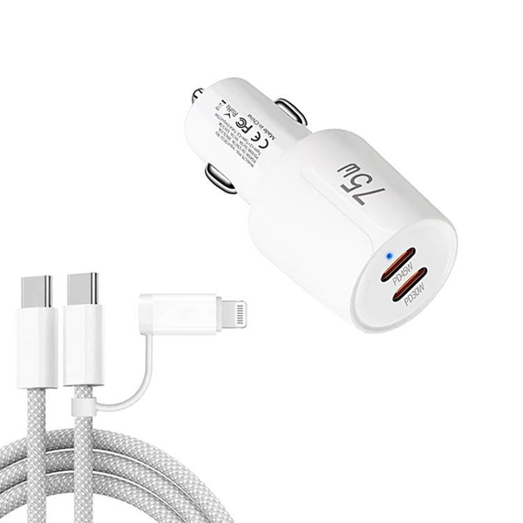TE-P66 75W Type-C x 2 Dual-Port Fast Charging Car Charger with Type-C to Type-C / 8-Pin Data Cable, TE-P66 with Cable