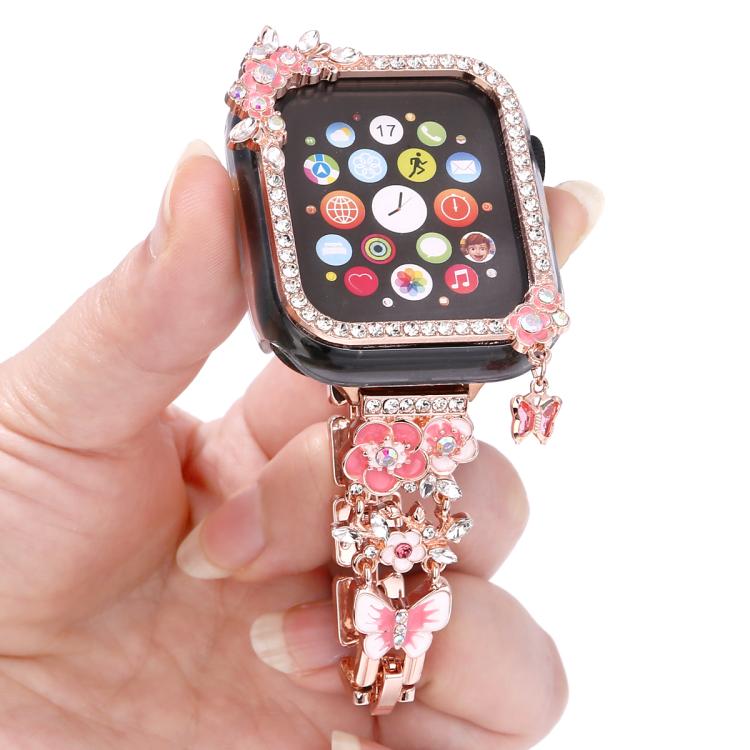 Tassel Flower Single-Diamond Hollow Watch Shell Band Kit, For Apple Watch Series 6 / 5 / 4 & SE 44mm, For Apple Watch Series 6 / 5 / 4 & SE 40mm, For Apple Watch Series 10 / 11 46mm, For Apple Watch Series 10 / 11 42mm                                  ...