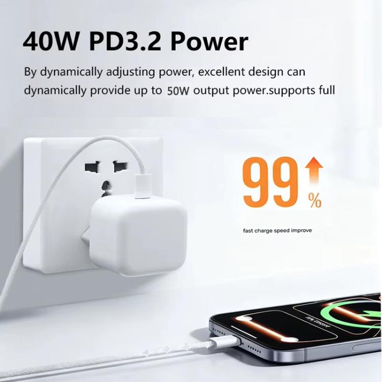 شاحن A3365 PD40W بمنفذ USB-C / Type-C مع كابل بيانات Type-C إلى Type-C / 8 دبوس، قابس بريطاني + كابل 2 في 1 بطول 1 متر