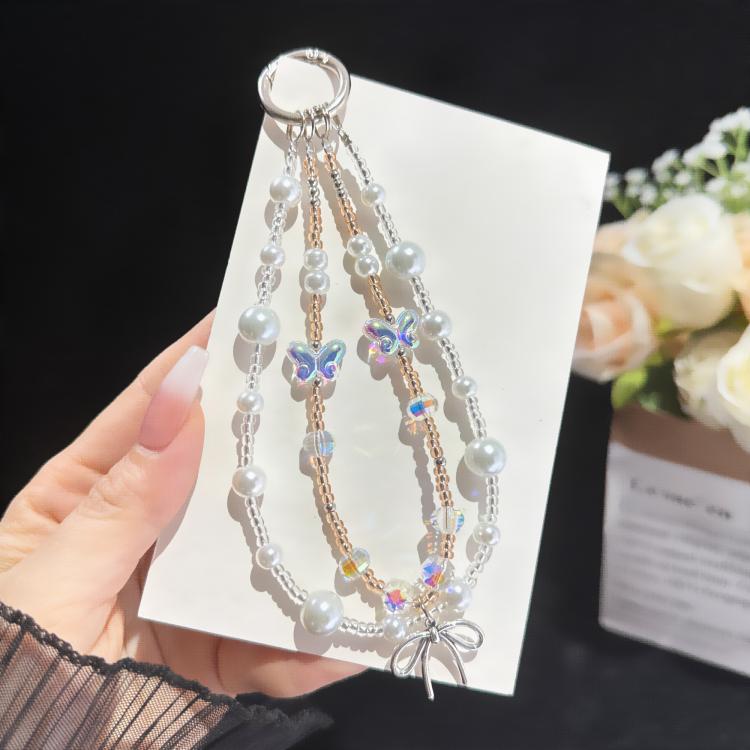 Butterfly Dream Pearl Whisper Iridescent Double-Layer Phone Chain, Crystal Style, Pearl Style